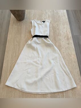 J. Crew White Sleeveless Midi Fit Dress with Black Bow Waist Trim